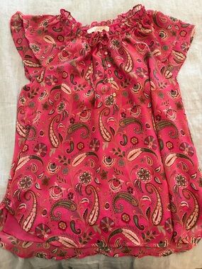 LOFT Pink Paisley Ruffle Neck Cap Sleeve Blouse